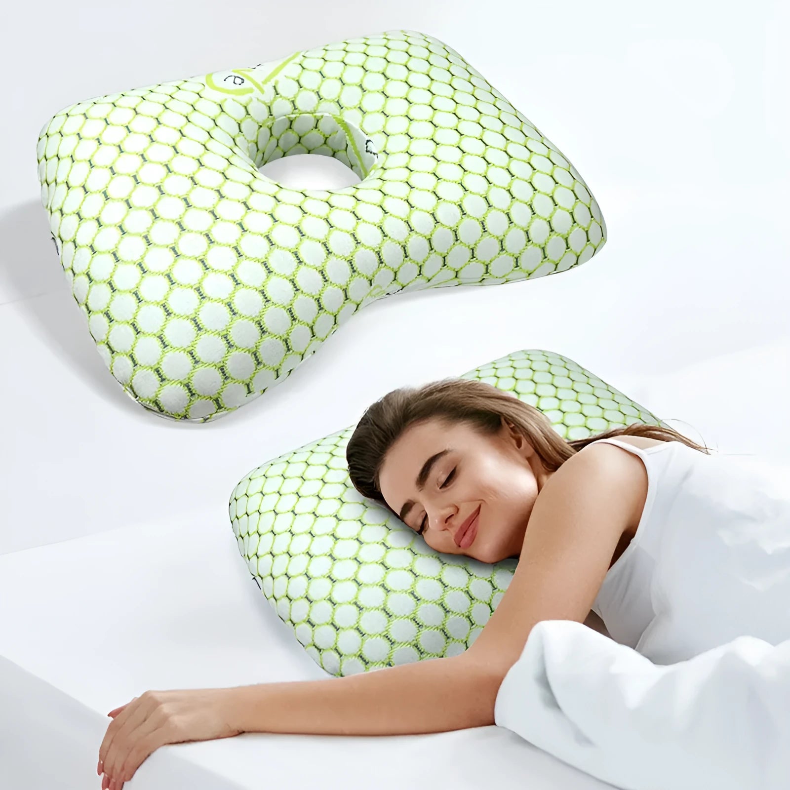 Beauty salon single hole ear pillow in New Chinese style, showing dimensions and detachable cover option