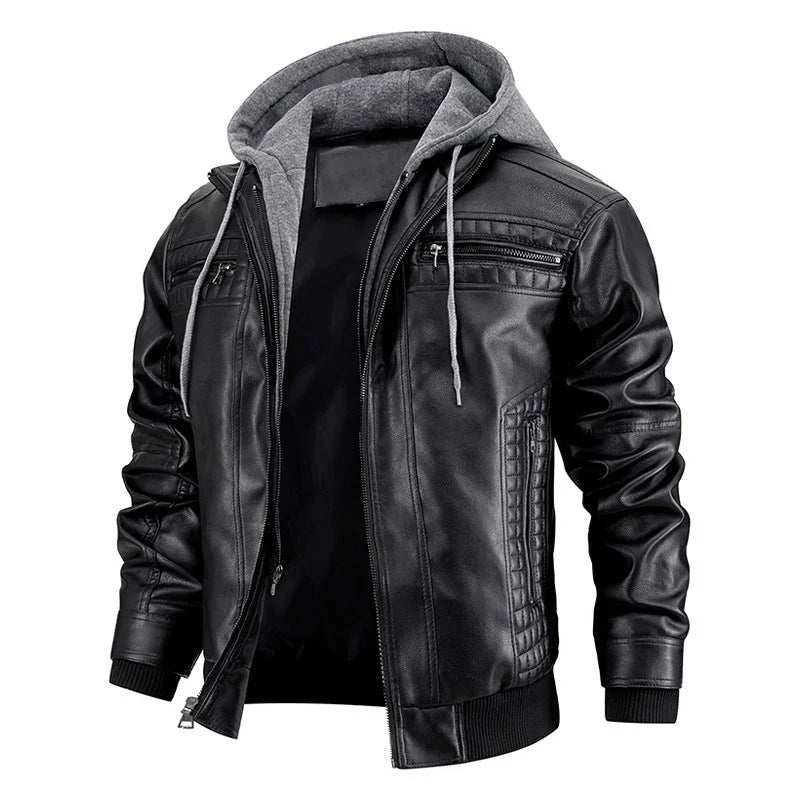 Men's black and brown hooded PU leather jacket with zipper pockets