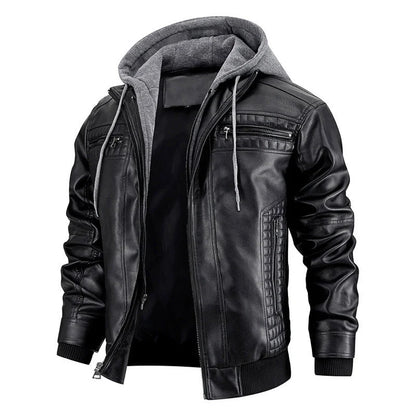Men's black and brown hooded PU leather jacket with zipper pockets