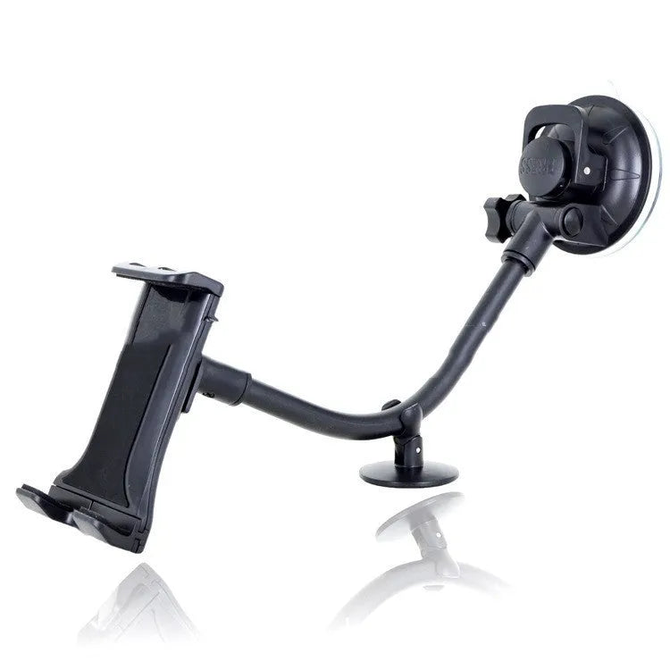 Black universal vehicle-mounted tablet holder with lifting bracket and long suction cup for 4-12 inch devices.