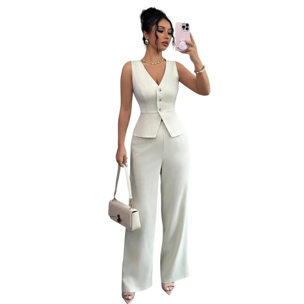 Women's sleeveless slim fit vest and high-waist trousers two-piece set in solid colour.