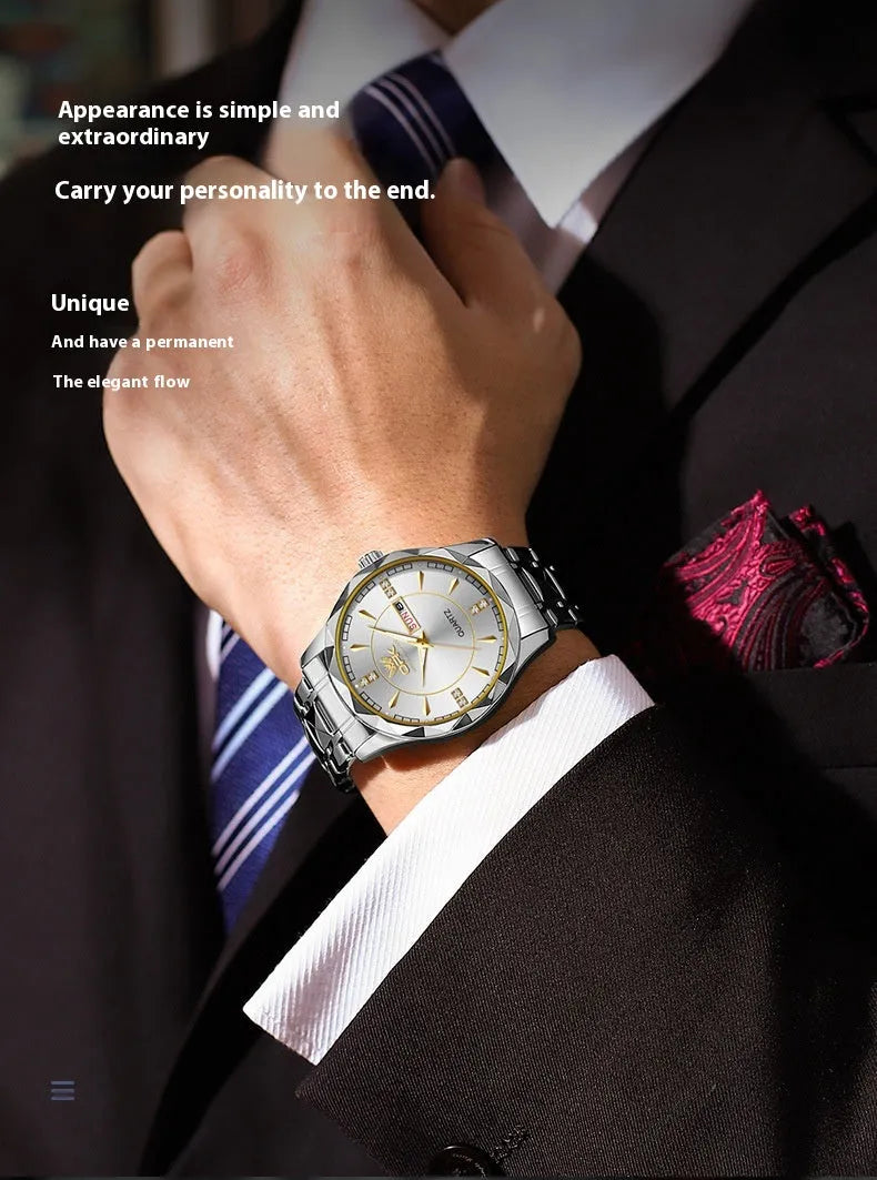 Stainless steel double calendar men's watch with round dial and metallic strap, gold and white colour option