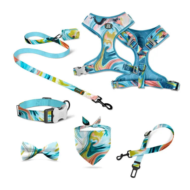 Pink sunflower four-piece pet rope set with collar, chest back, traction rope, and bin bag on display
