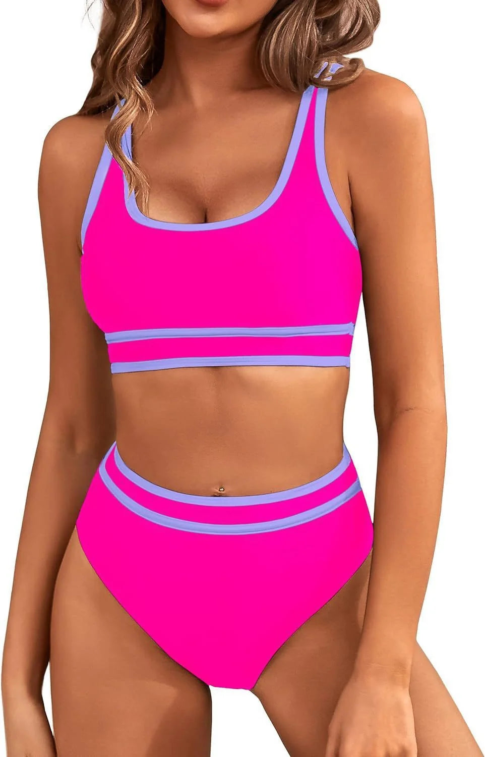 Women's tight-fitting solid colour bikini swimsuit with 15% spandex lining, available in multiple vibrant colours