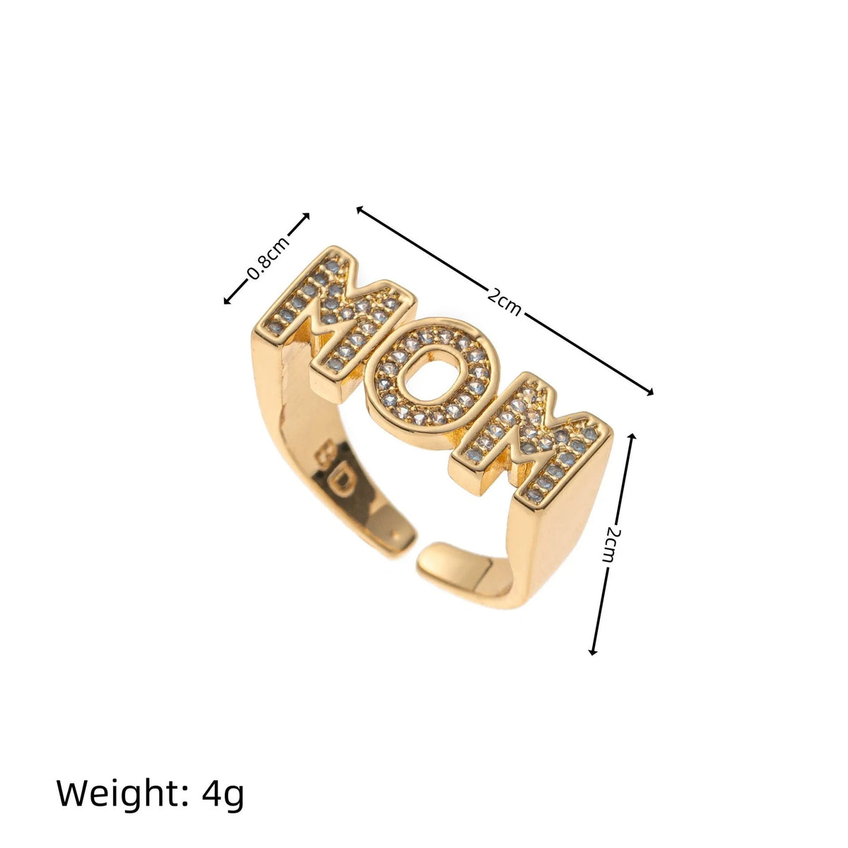 Copper open mouth ring with electroplated finish, six colour options including pink diamond gold and blue diamond silver, letter motif
