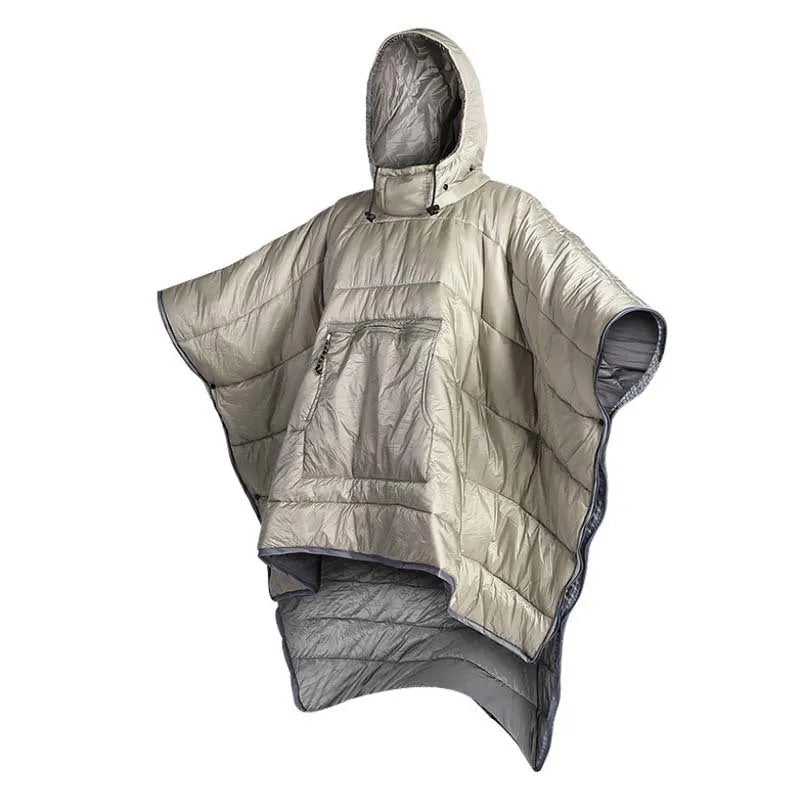 Army Green outdoor cloak sleeping bag worn as garment showing 200x140cm dimensions