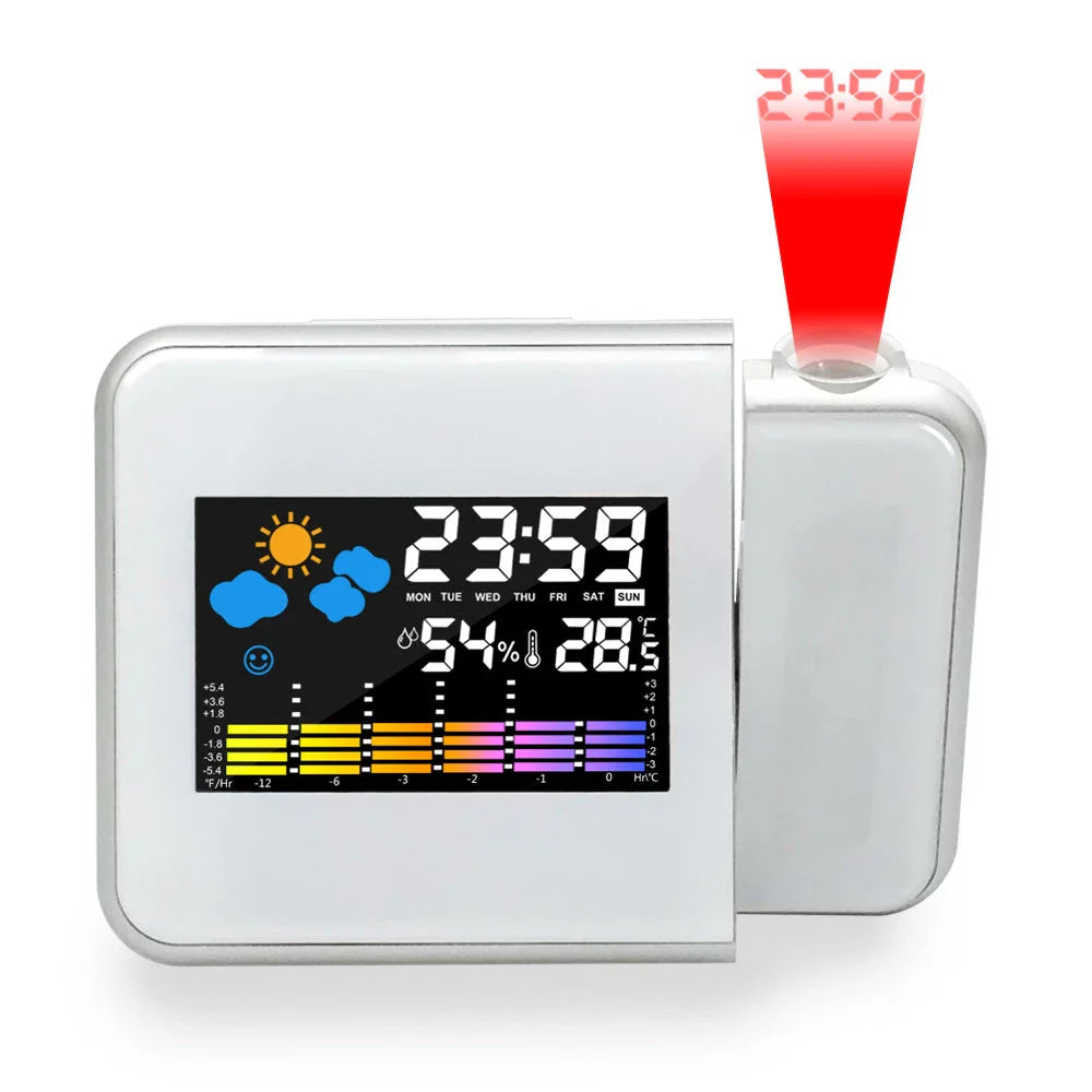 Multifunctional digital projection alarm clock with temperature, humidity, and weather forecast display