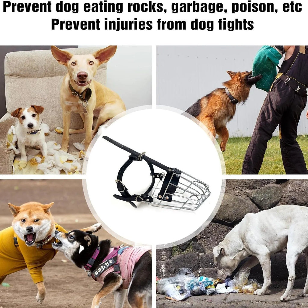 Black metal wire dog muzzle designed for a golden retriever or German shepherd.