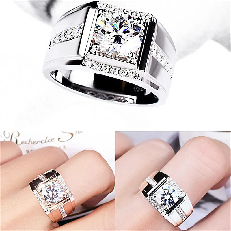 Men's geometric diamond imitation moissanite ring with adjustable opening in electroplated finish