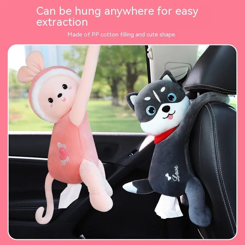 Plush fabric car seat back tissue box holder with animal character design mounted behind car headrest