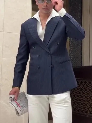 Men's classic stripe double-breasted blazer with regular fit on mannequin