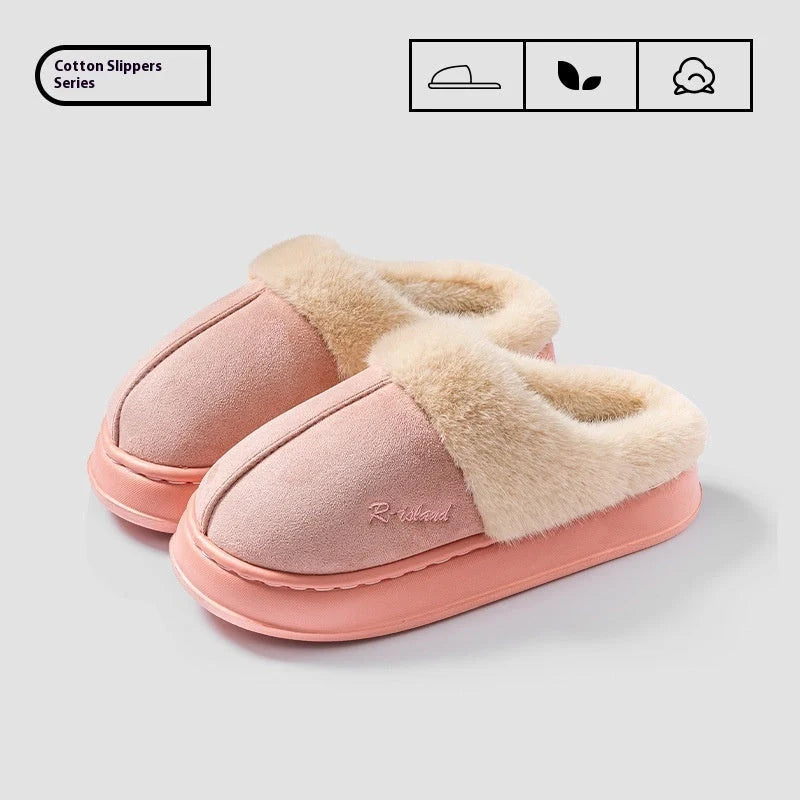 Winter fluffy slippers with non-slip soles in pink, khaki, white, and grey