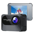Black outdoor sports action camera tachograph with wide-angle lens, showing compact 66mm by 44mm by 31mm size.