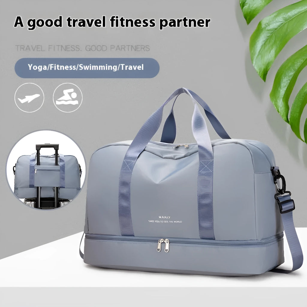 Large capacity waterproof travel bag in blue Oxford cloth for short business trips with dry wet separation compartment