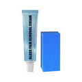 Blue car glass oil film remover with separate sponge applicator for windscreen cleaning.