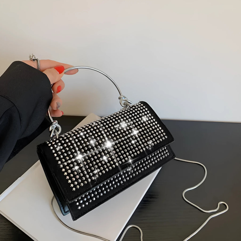 Small square chain crossbody bag for women with rhinestones in silver and black, PU construction with crossbody strap
