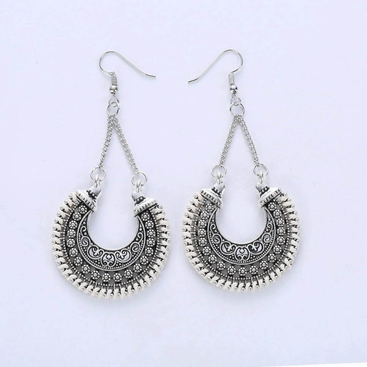 Bohemian Vintage Earrings with hand-woven rope and alloy meniscus flower basket design