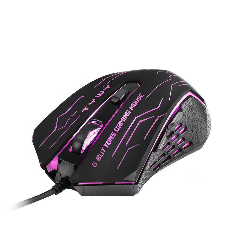 Black wired gaming mouse with colourful breathing light, 6 buttons, USB cable, and adjustable DPI