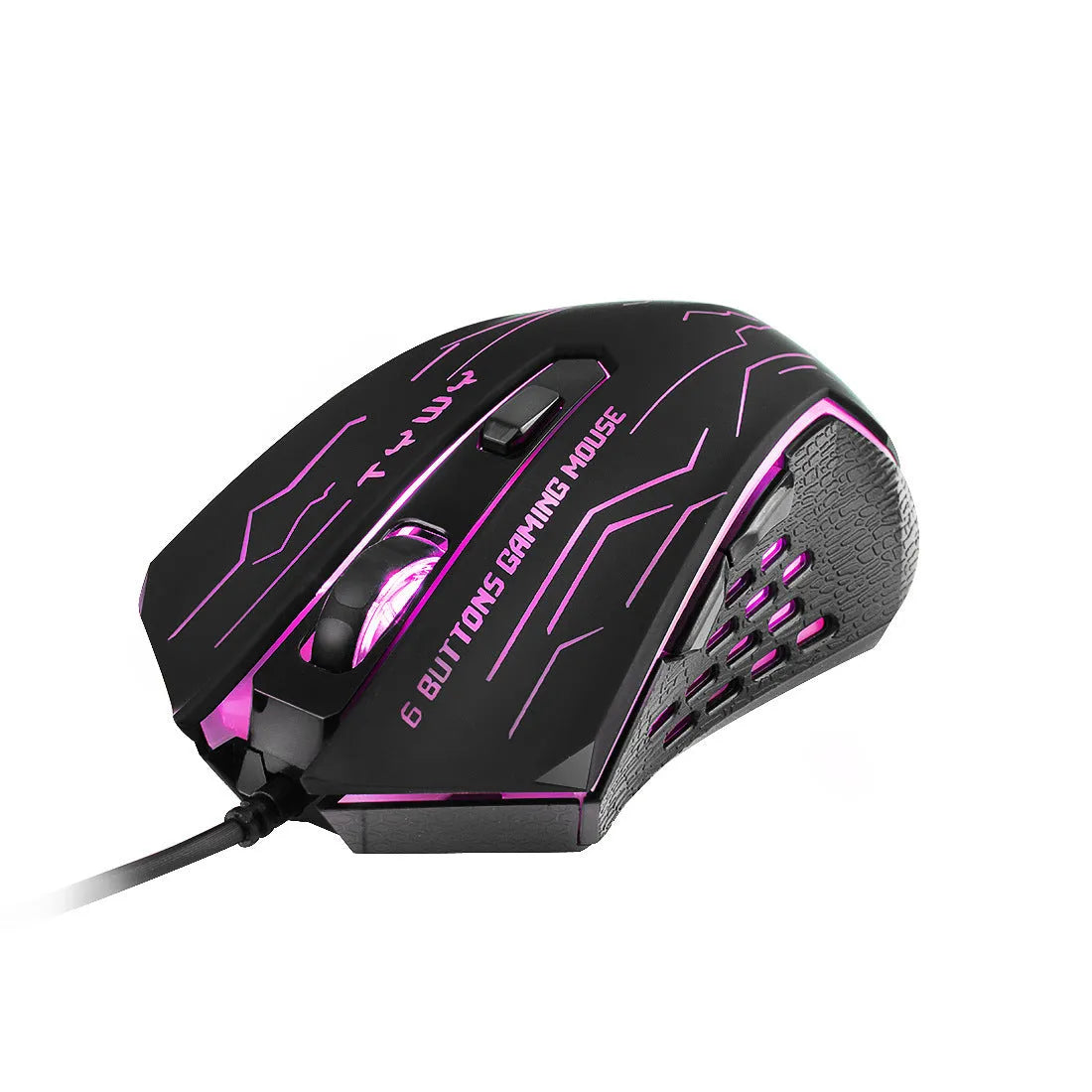 Black wired gaming mouse with colourful breathing light, 6 buttons, USB cable, and adjustable DPI