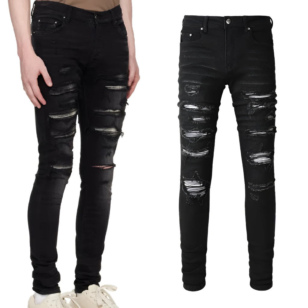Slim fit black jeans for men, collated grey white dyed elastic denim, cotton 98% spandex 2%