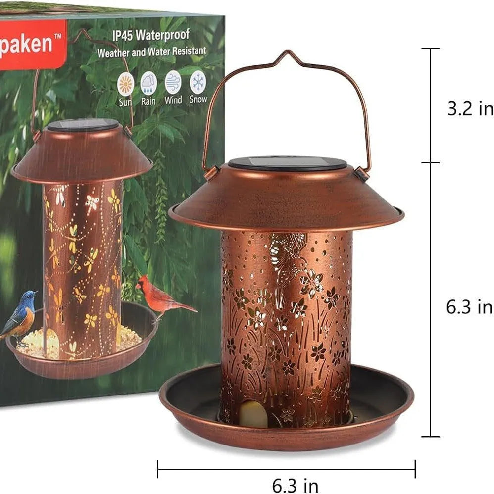 Solar-powered outdoor lamp feeder in hummingbird design with iron art construction