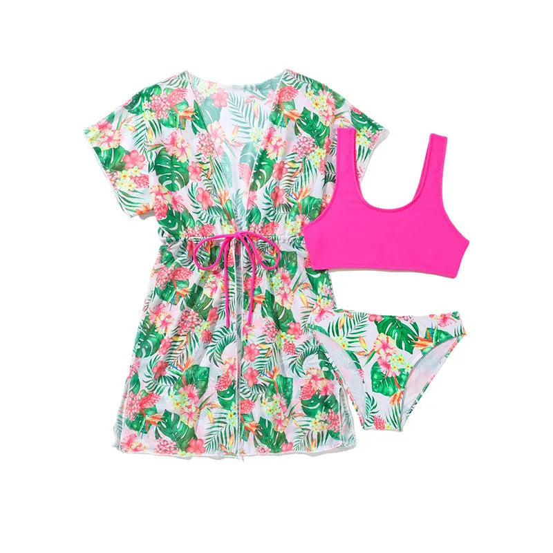 Girls' two-piece swimsuit with Korean floral pattern in polyester fabric