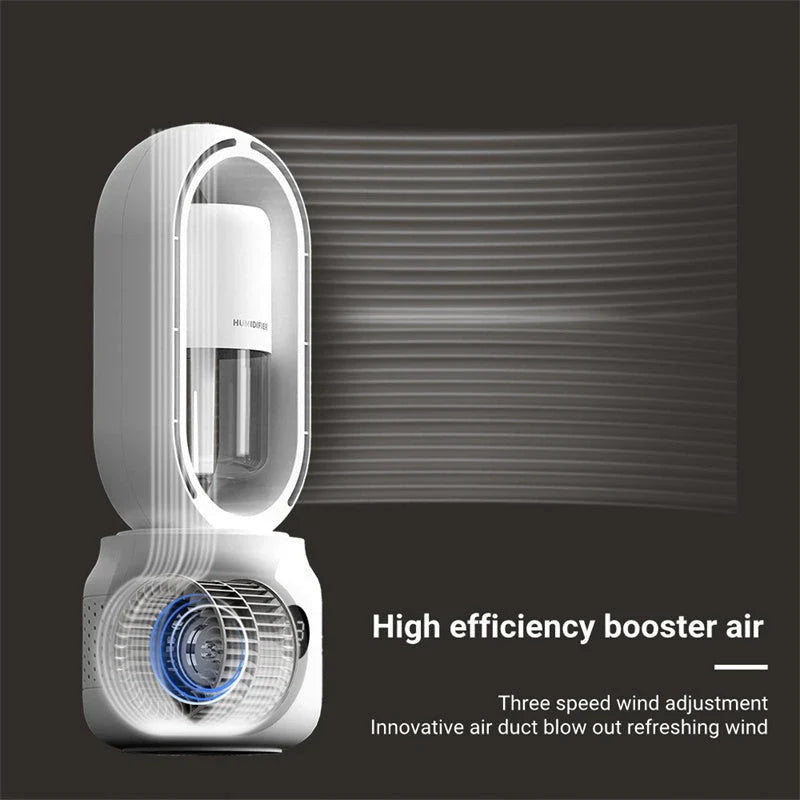 Portable bladeless fan with integrated humidifier, providing a refreshing mist and cooling breeze for indoor and outdoor use