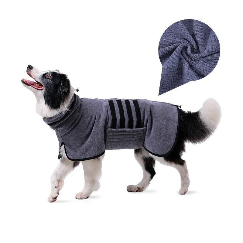 Dog bathrobe in blue with adjustable fastening on a small dog after a bath