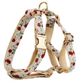 Red cherry printed dog collar and leash set with bow accessory and light gold release buckle