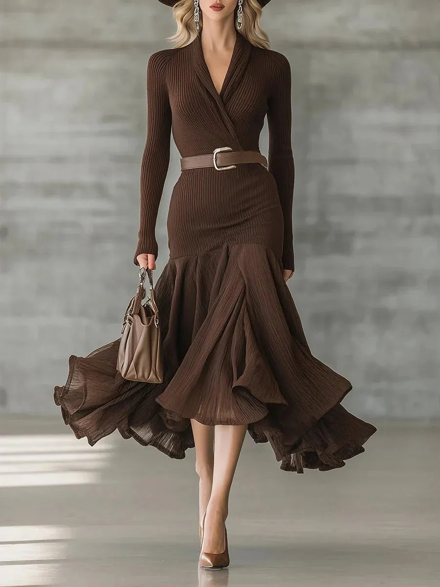Stitching V-neck long-sleeve dress in dark brown with asymmetric long skirt and high waist
