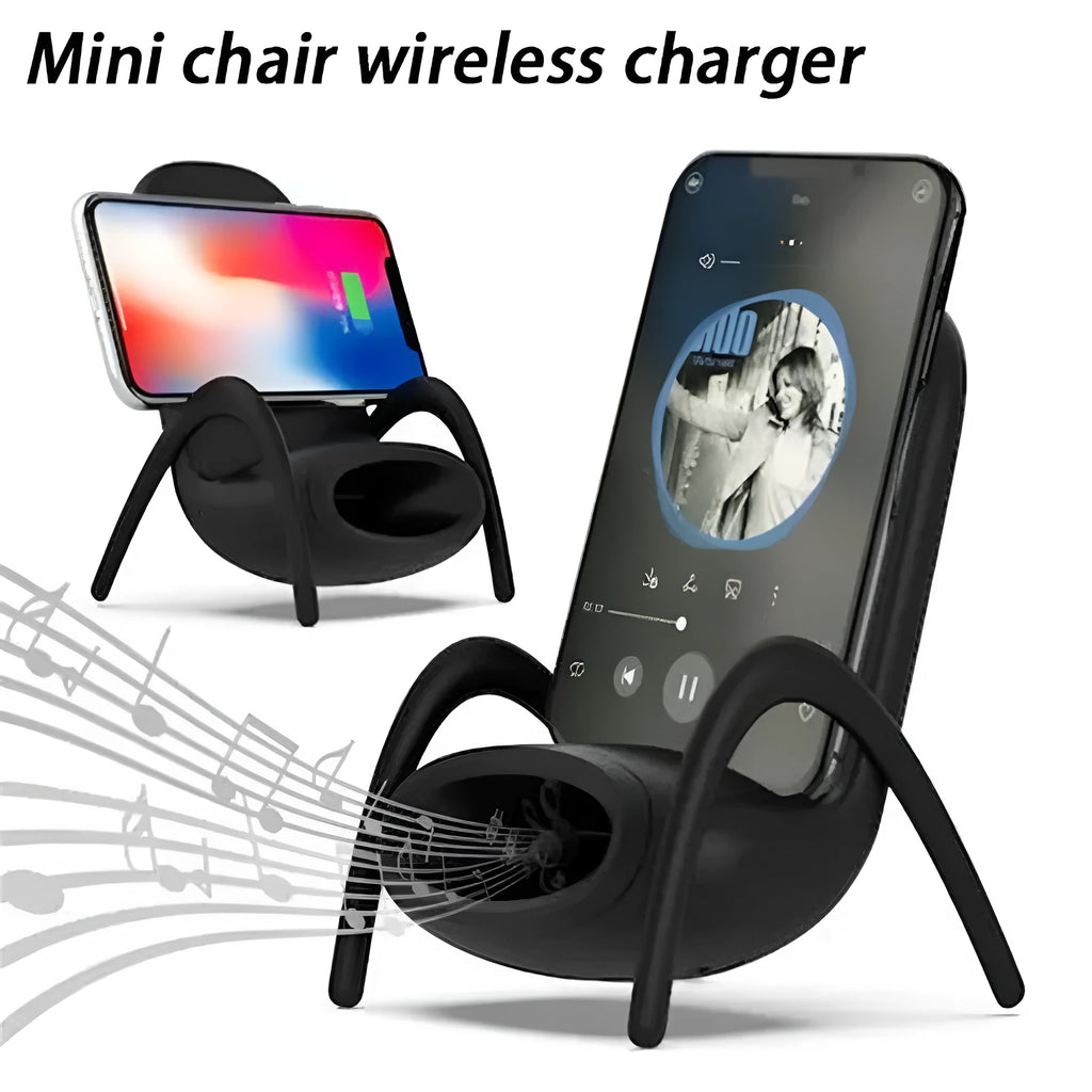 White mini chair shaped wireless charging stand for smartphones on desk