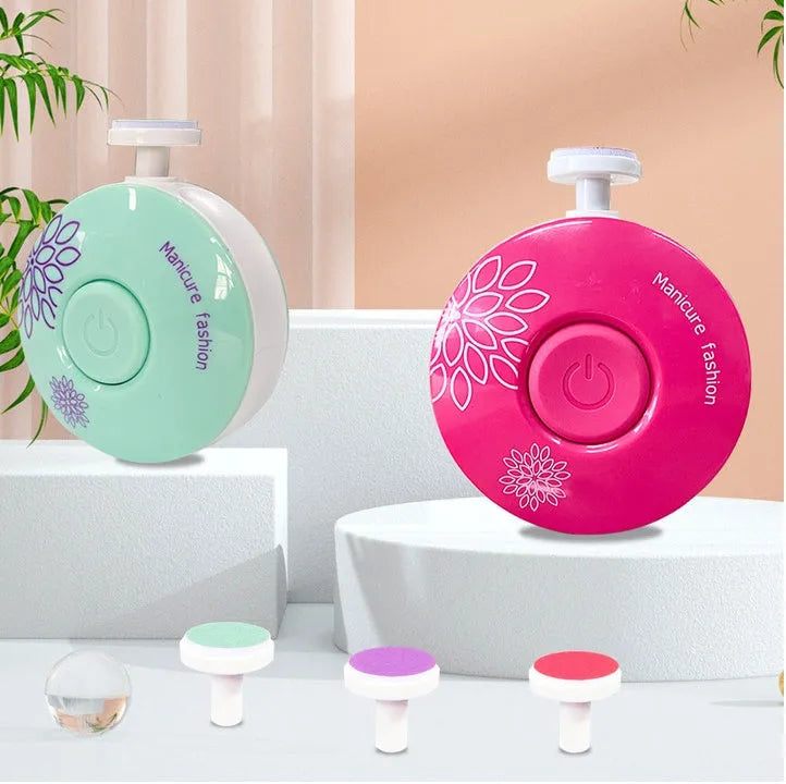 Baby electric nail polisher set in red or green with interchangeable grinding heads for infant and adult grooming
