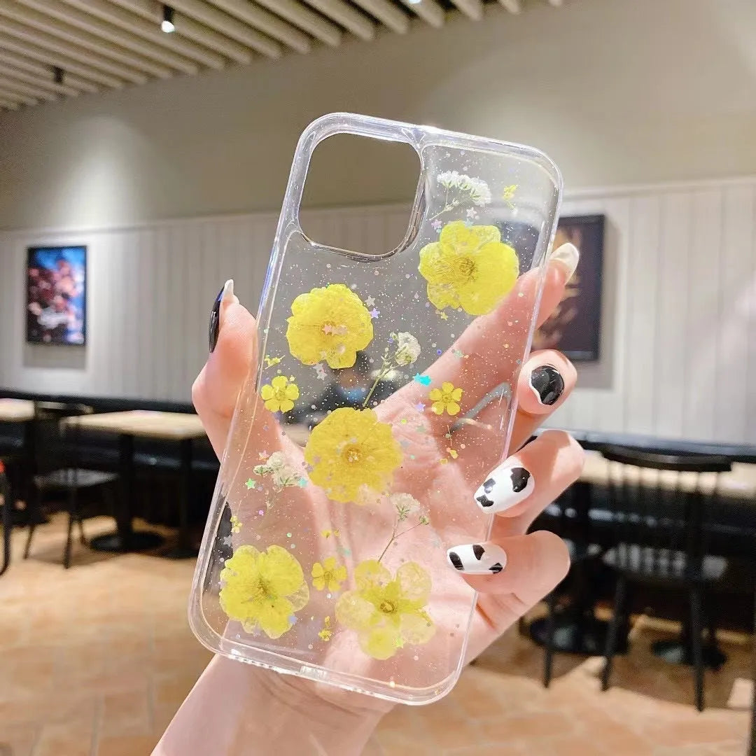 Epoxy glitter small floral phone case in TPU for iPhone, glossy finish, multiple colour options