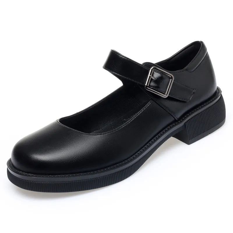Women's round toe black cow split leather pumps with buckle strap and 3.5cm mid flat heel