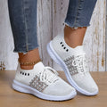 Women's white casual flyknit wedge lace-up mesh shoes with round toe and low top