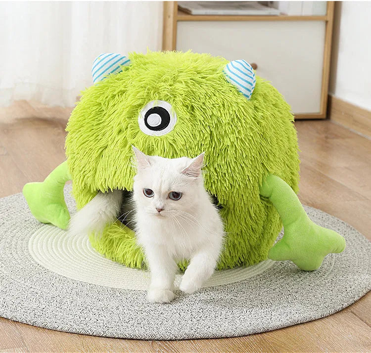 Fluffy round plush cat bed with non-slip base shown in three size options
