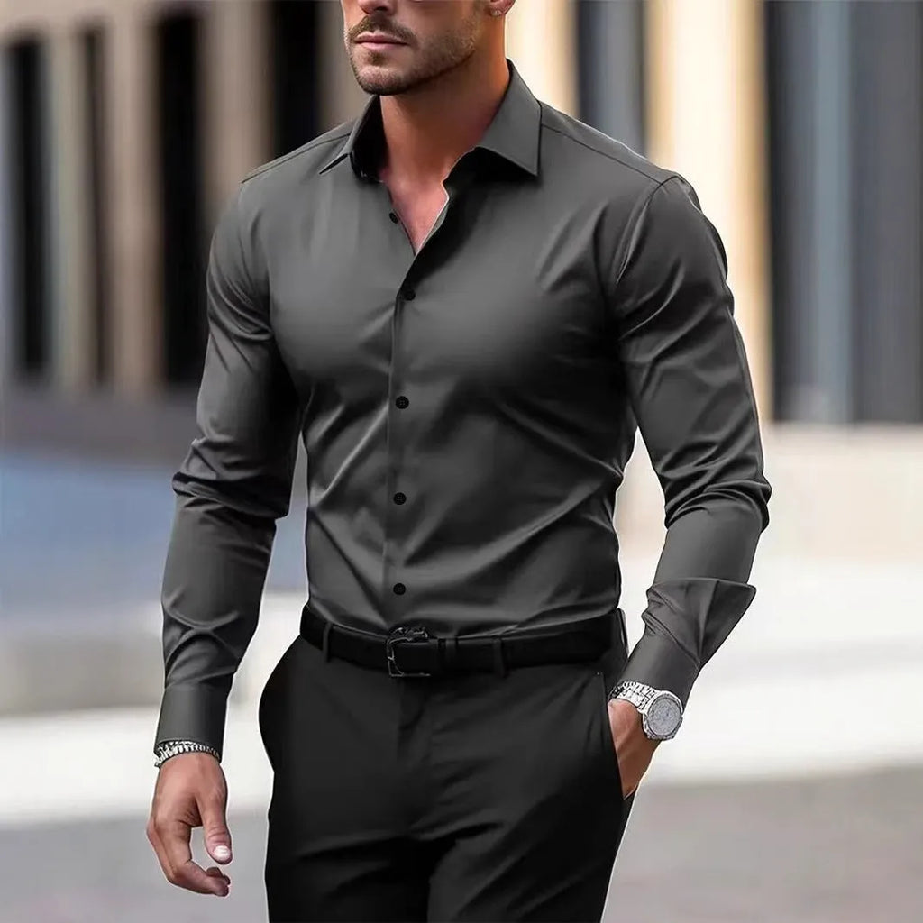 Men's business button down shirt in velvet polyester fabric, long sleeve lapel style, solid colour available in navy blue