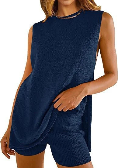 Women's 2-piece knit outfit with sleeveless top and matching casual shorts in a variety of colors