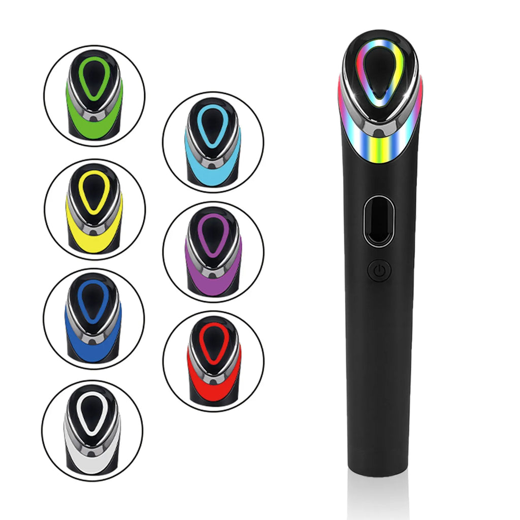 Black rechargeable eye massager with red and blue light therapy on a face