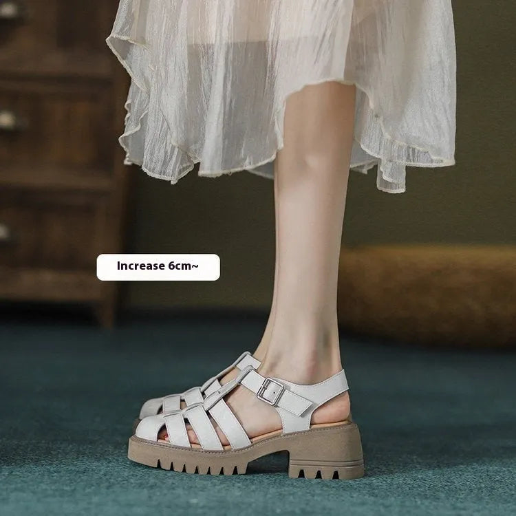 Women's retro platform sandals with chunky heel, closed round toe, and buckle strap in black and beige.