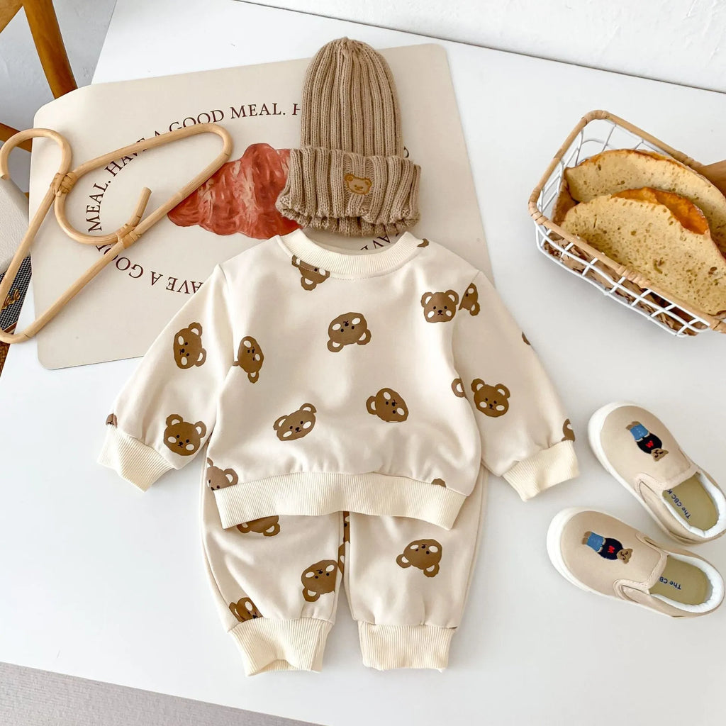 Baby cotton round neck bear cartoon sweater and trousers suit in rice apricot for 66-100cm height