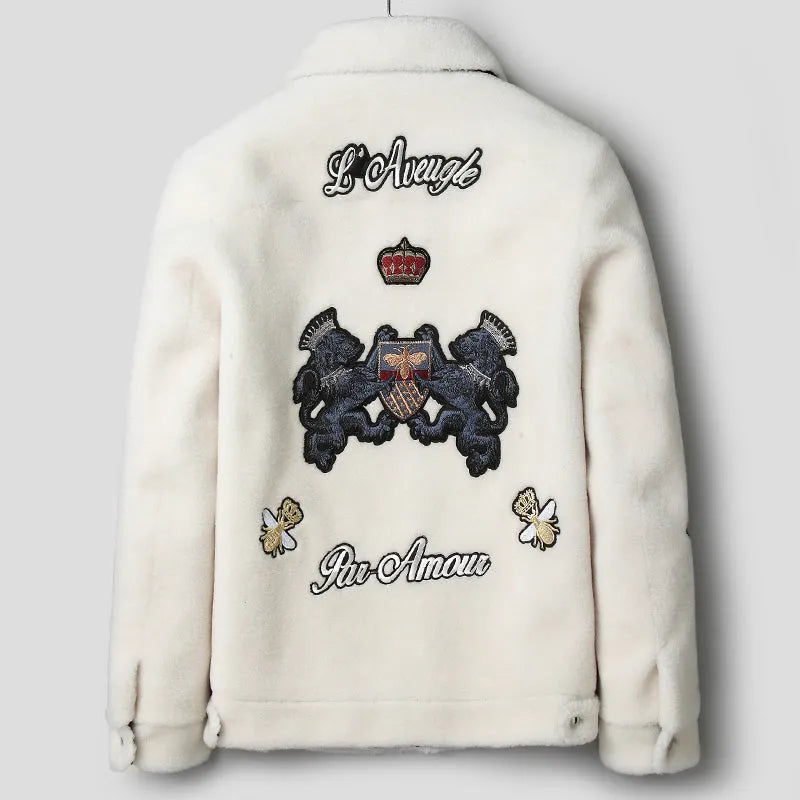 Men's 100% wool lamb fur jacket in white and black animal pattern, button front, long sleeves, on a model