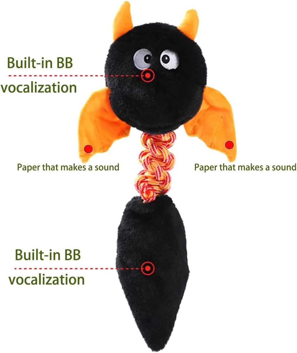 Interactive plush dog toy with squeaker and crinkle paper in black, green, or red, measuring 44cm.