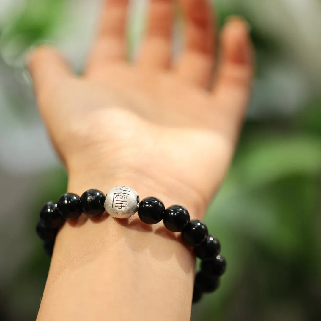 10mm black agate bracelet with sterling silver clasp in Chinese style