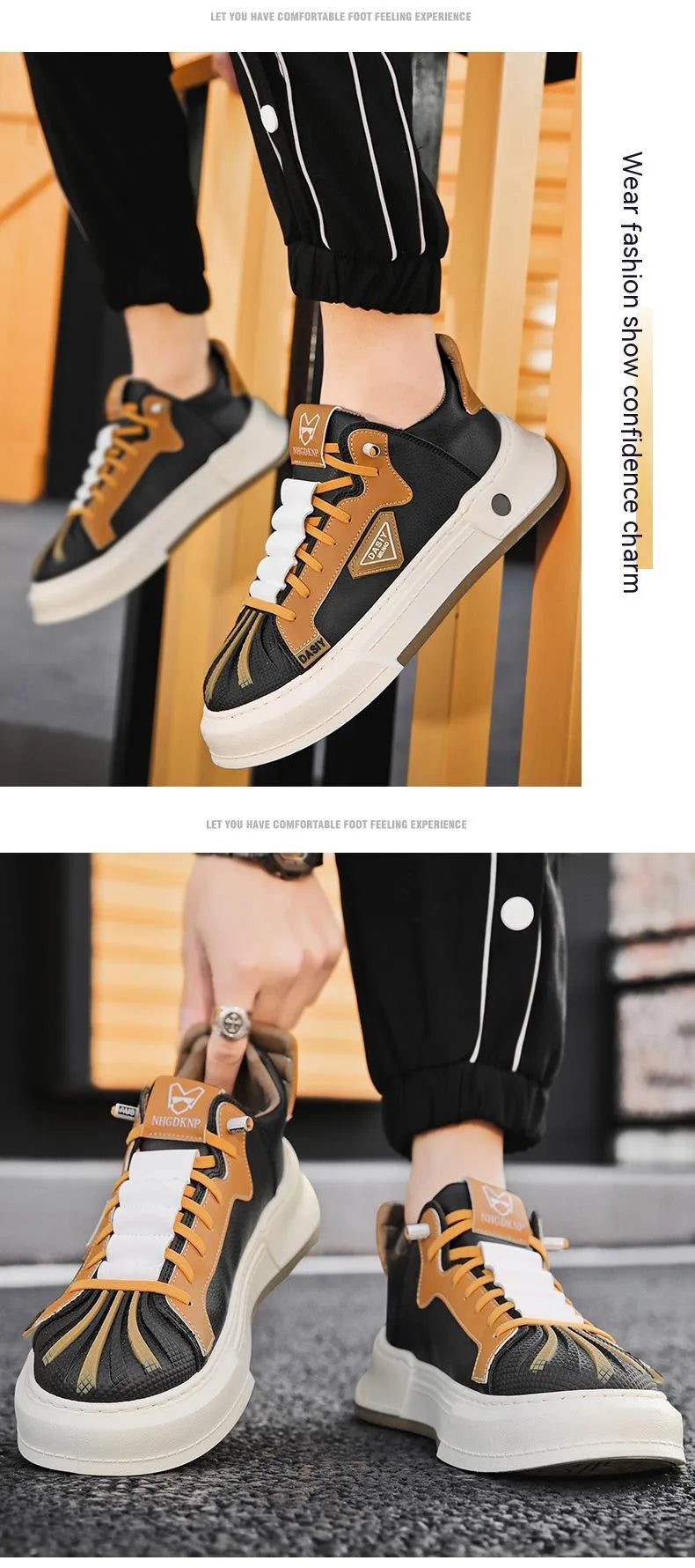 Men's low-top beige sneakers with elastic band and microfiber leather upper