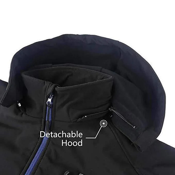 Black men's USB heated winter coat with long sleeves, straight hem, and zipper pockets.