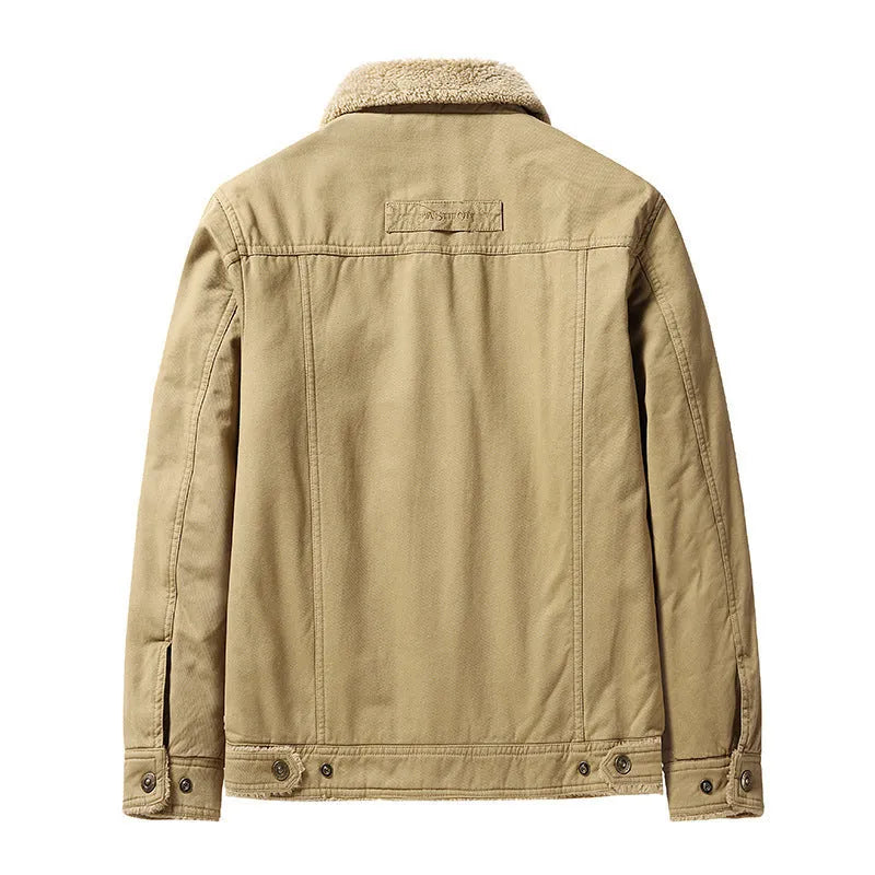 Men's fleece-lined cotton polo collar jacket in army green with regular fit