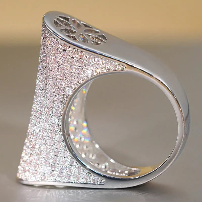 Cao Shi special-shaped full diamond ring for women, copper with white gold finish, inlaid zircon stones, available in sizes 6-10