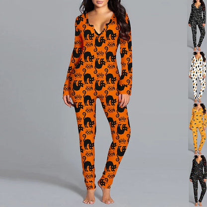 Stylish Halloween-themed pajama jumpsuit with long sleeves and a variety of vibrant prints