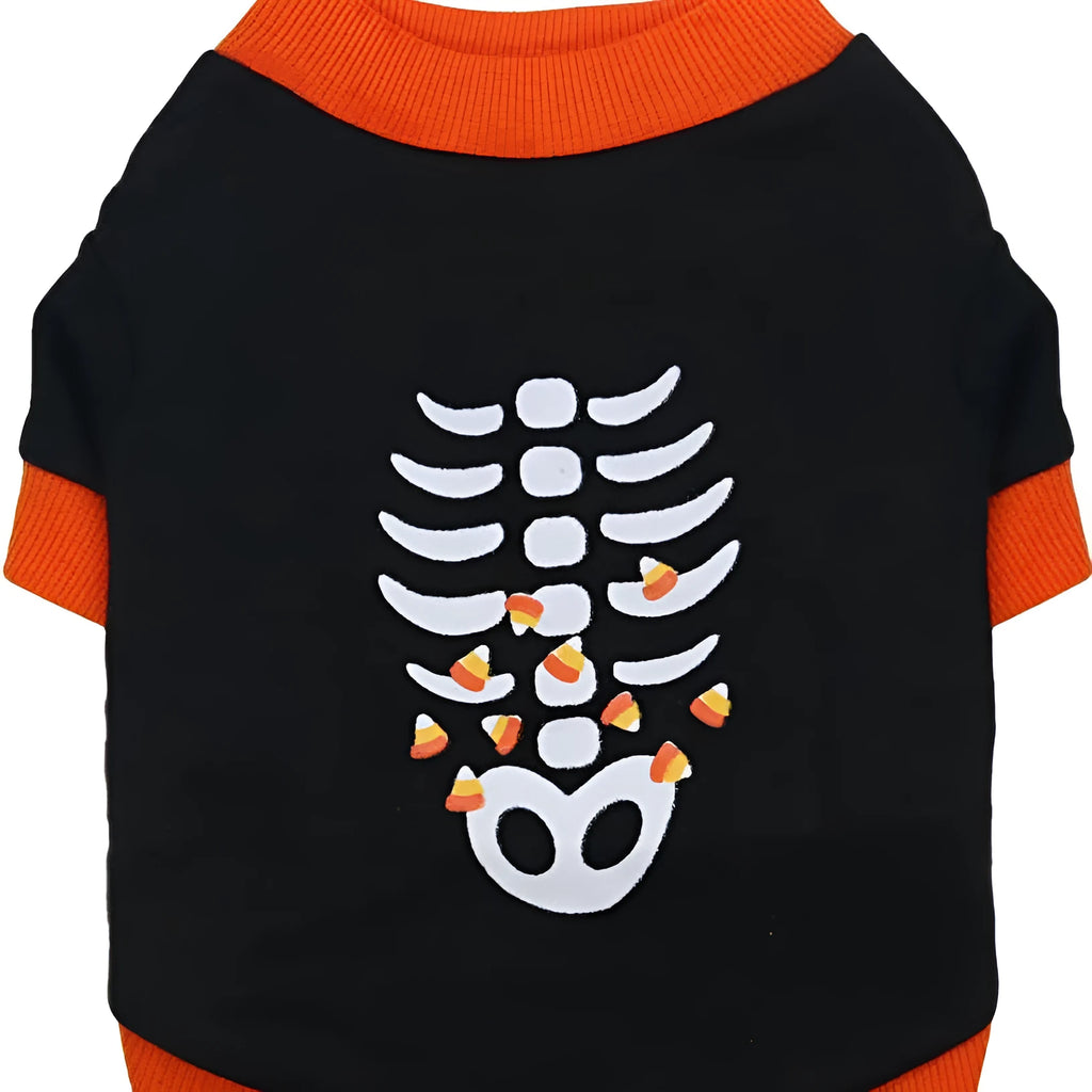 Orange dog sweatshirt with black skeleton print on small breed dog showing ribbed collar and cuffs